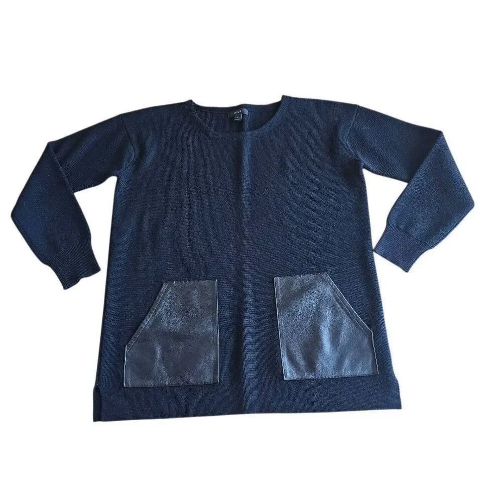 J crew womens Sz S black merino wool and leather trim tunic sweater